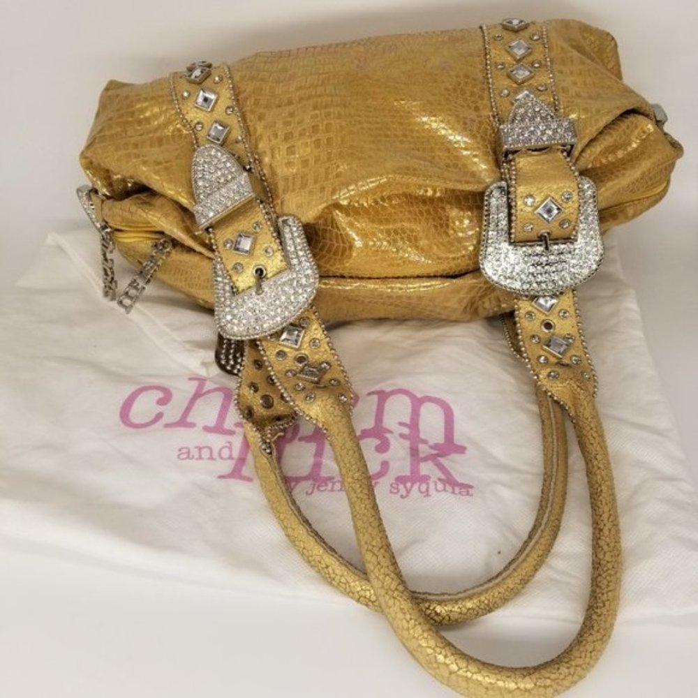 CHARM & LUCK LEATHER GOLD CRYSTAL JEWELED HANDBAG - Picture 8 of 11